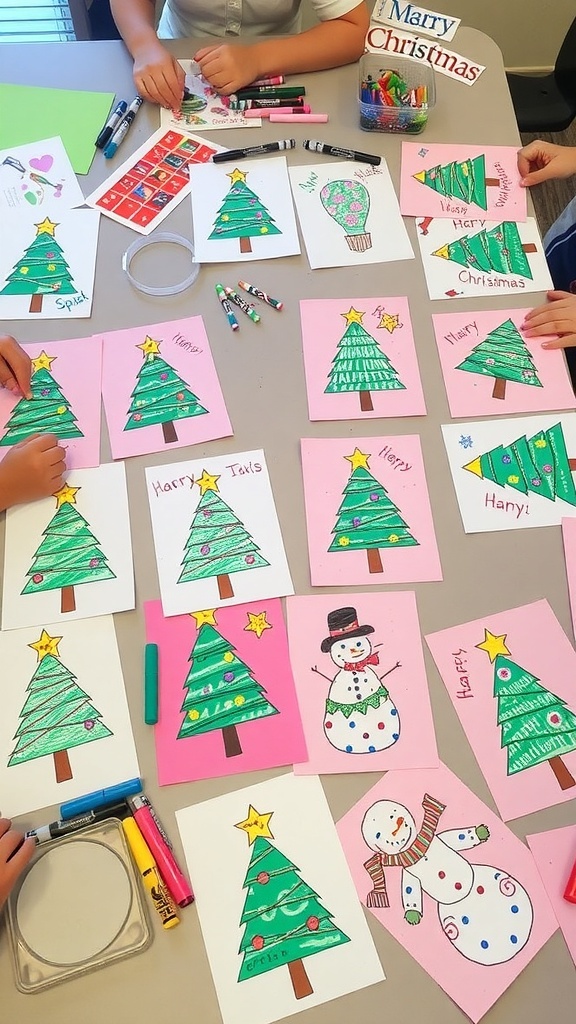 Handmade Christmas cards with drawings and decorations by preschoolers on a craft table.